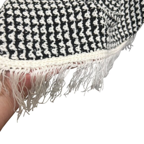 Loose High Neck Fringed Knit Black White Poncho Cape - Picture 4 of 7